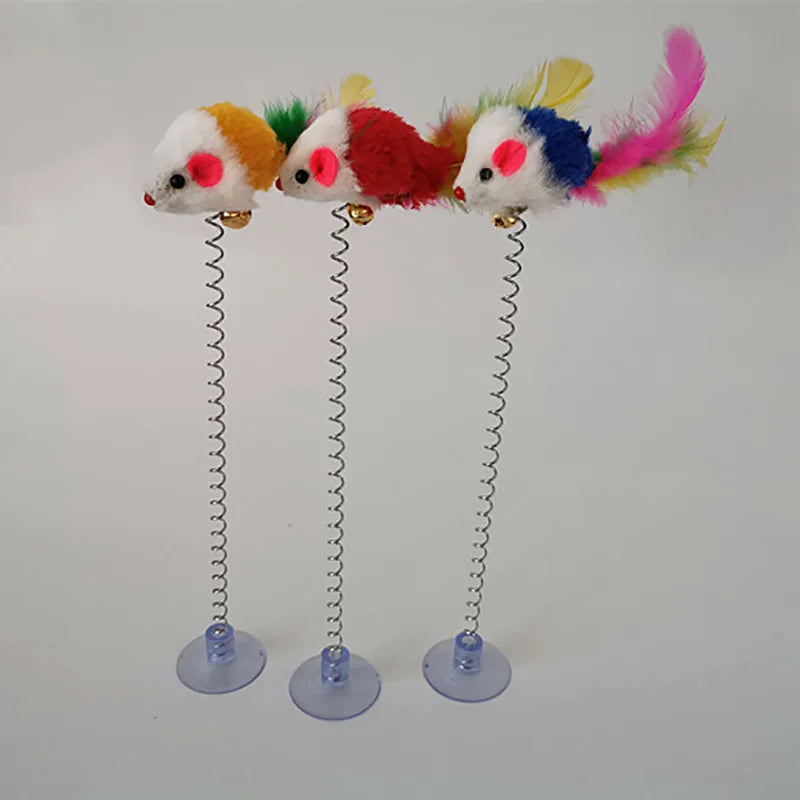 Swinging Mouse Toy - Suction Cup, Spring, and Feather Mouse Toy with Bell Sound, Interactive Cat Toy
